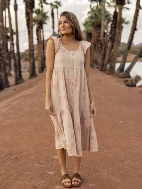 Roolee Pink Tan Floral Button Front Midi Dress